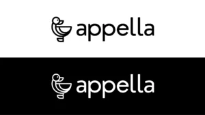 The final appella logo in black and white, a simple line drawing of a duck looking over its back and the word appella