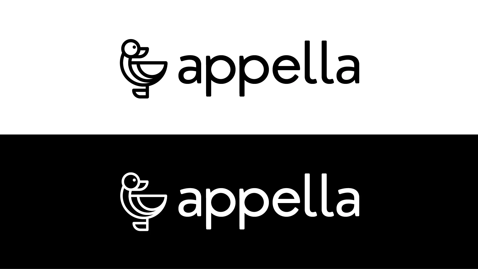 The final appella logo in black and white, a simple line drawing of a duck looking over its back and the word appella